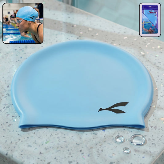 Wukusy waterproof stretchable silicone swimming cap, shown in blue, fits snugly to protect hair during swimming.
