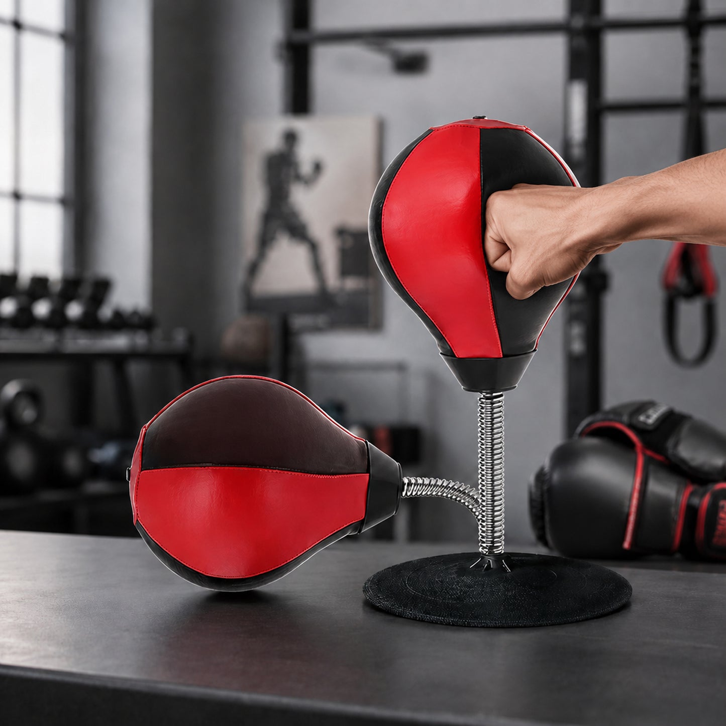 Wukusy inflatable desktop punching bag with air pump, small plastic punching toy for stress relief, shown with pump and bag.