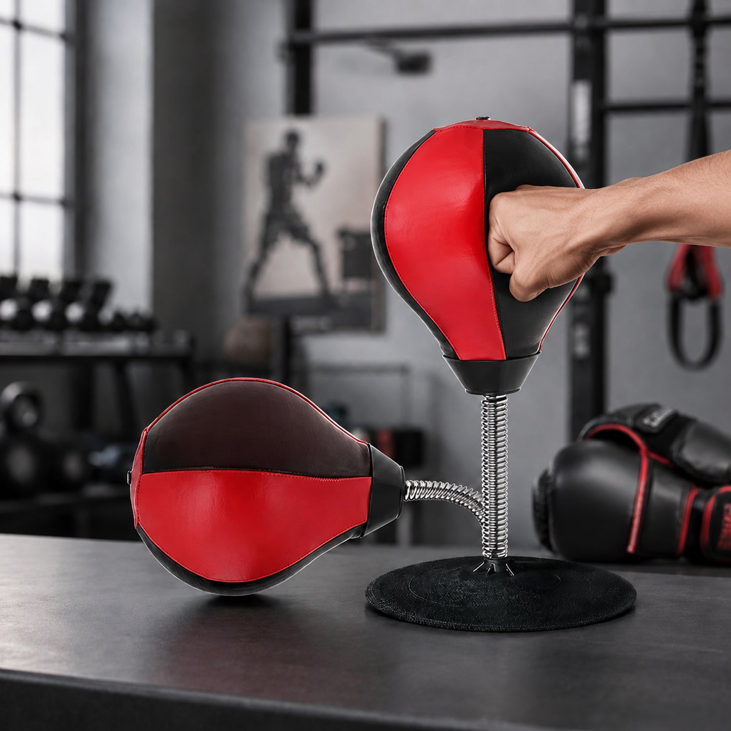 Wukusy inflatable desktop punching bag with air pump, small plastic punching toy for stress relief, shown with pump and bag.