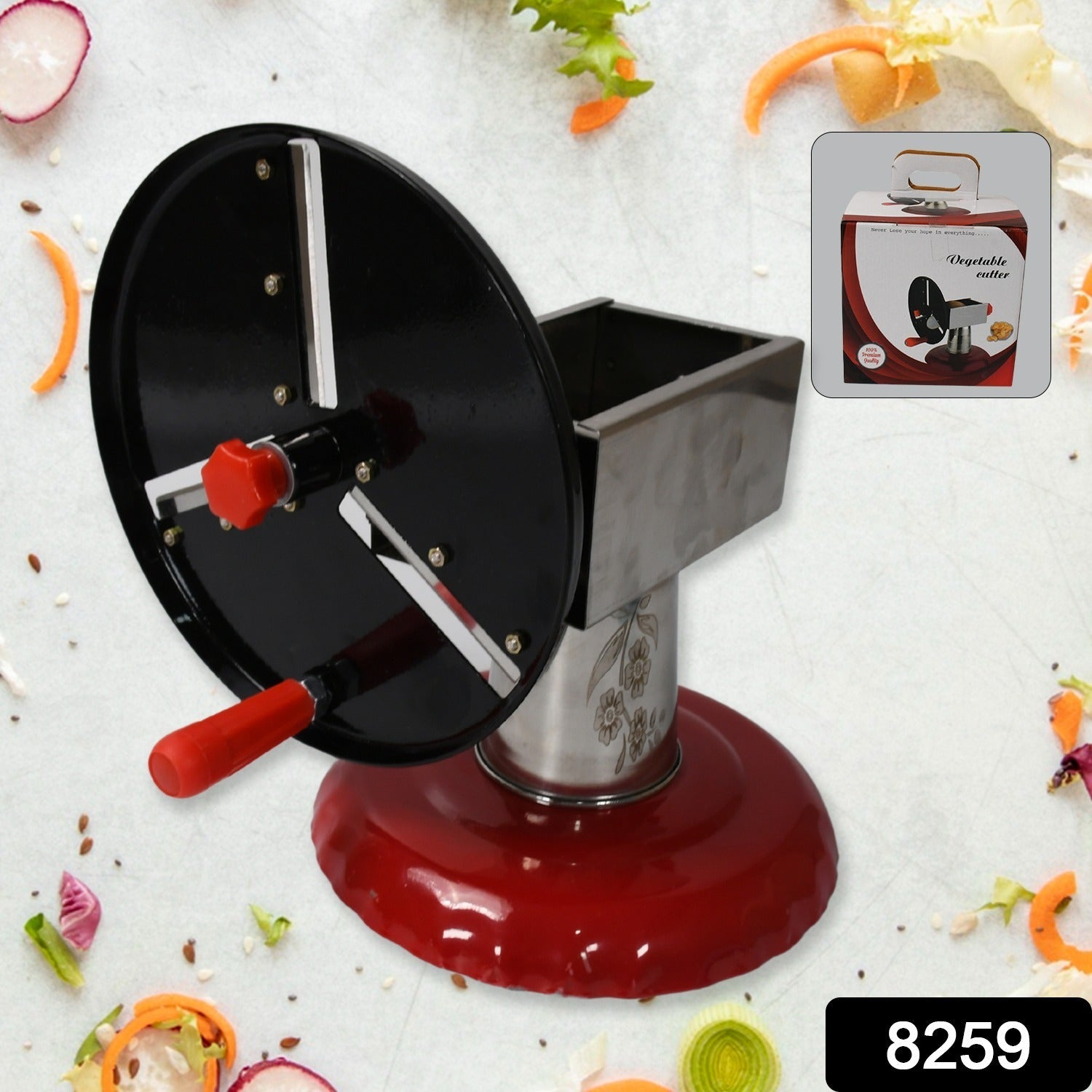 Wukusy stainless steel chips maker and vegetable slicer with iron wheel and stand for kitchen potato chips and vegetable grating.