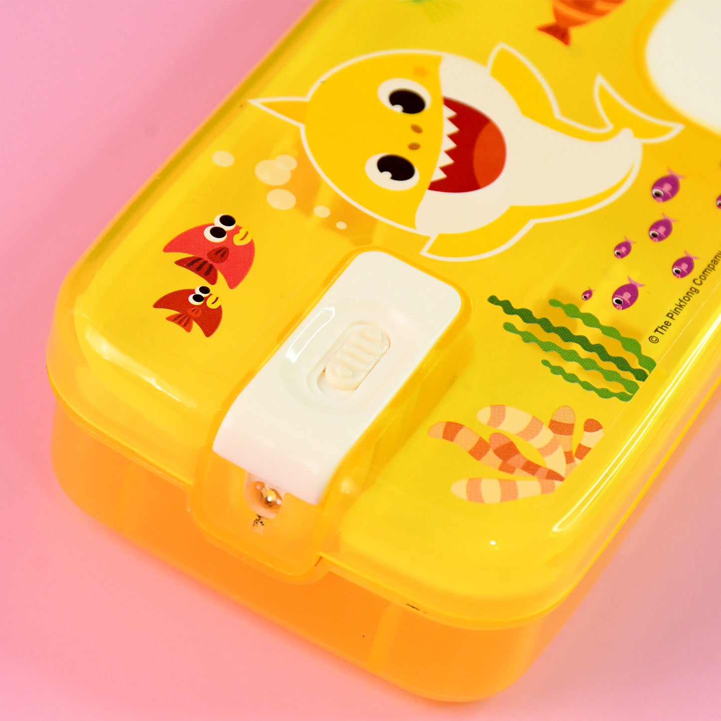 Plastic pencil box with LED light featuring cartoon print, Wukusy office organizer for storing pencils and stationery.