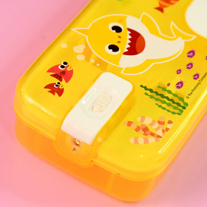Plastic pencil box with LED light featuring cartoon print, Wukusy office organizer for storing pencils and stationery.