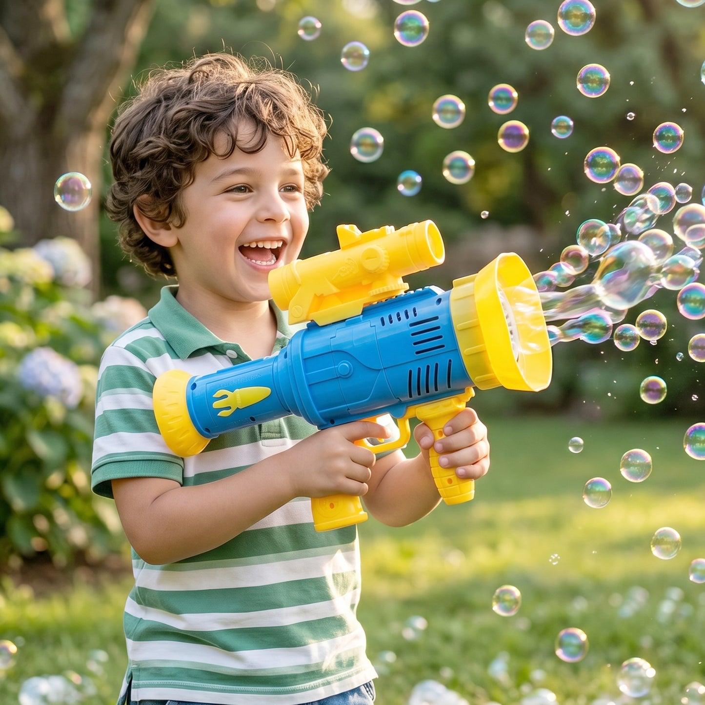 Wukusy automatic rechargeable bubble gun toy with lights, colorful bubble maker for kids, showing the bubble gun with bubbles in action