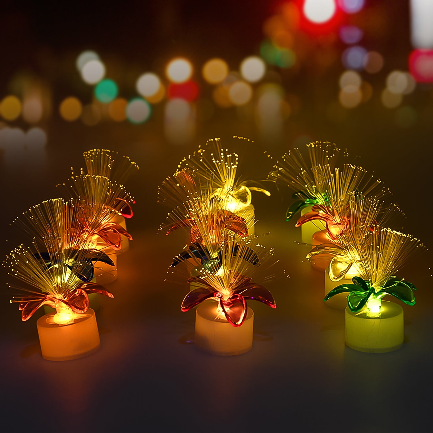 Set of 12 Wukusy fiber optic mini color-changing LED lights for home decor, shaped like light-up candles for table centerpieces.