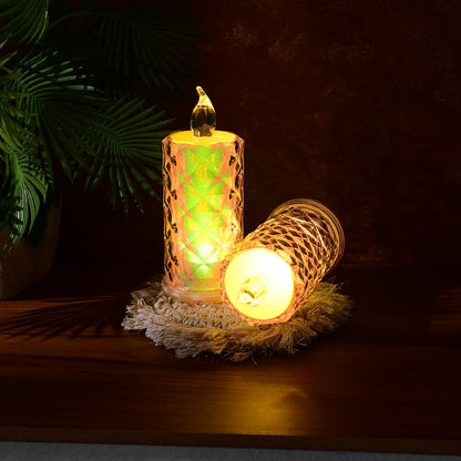 Two decorative LED candle lights with holographic finish from Wukusy, perfect for home decor ambiance.