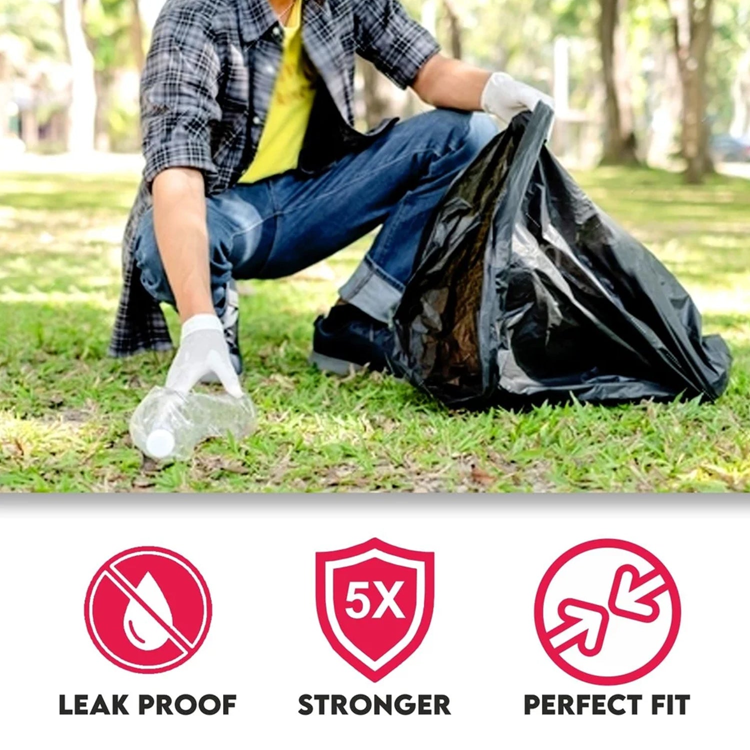 Black heavy-duty garbage bag roll by Wukusy for home and commercial waste disposal, shown in a close-up image.