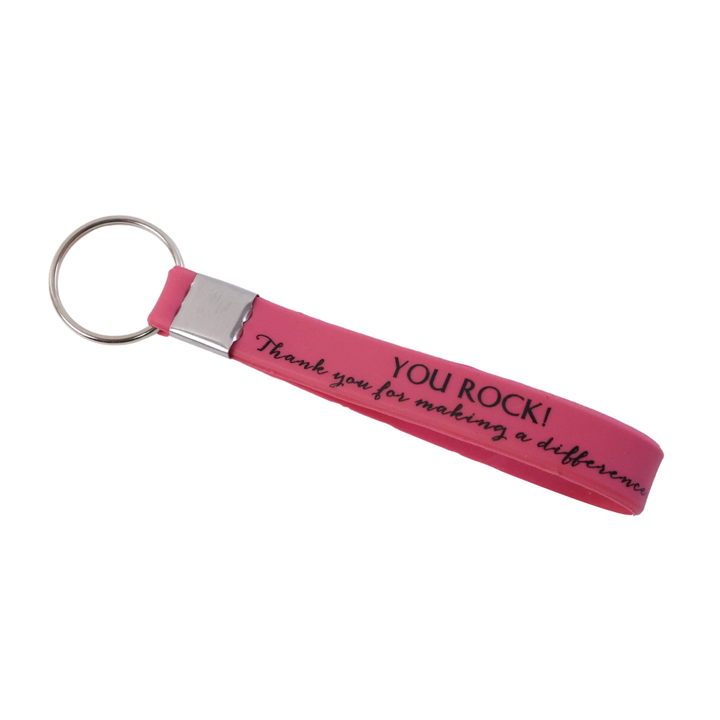 Colorful silicone wrist strap keychain with motivational message from Wukusy, featuring a flexible, durable design in mixed bright colors.