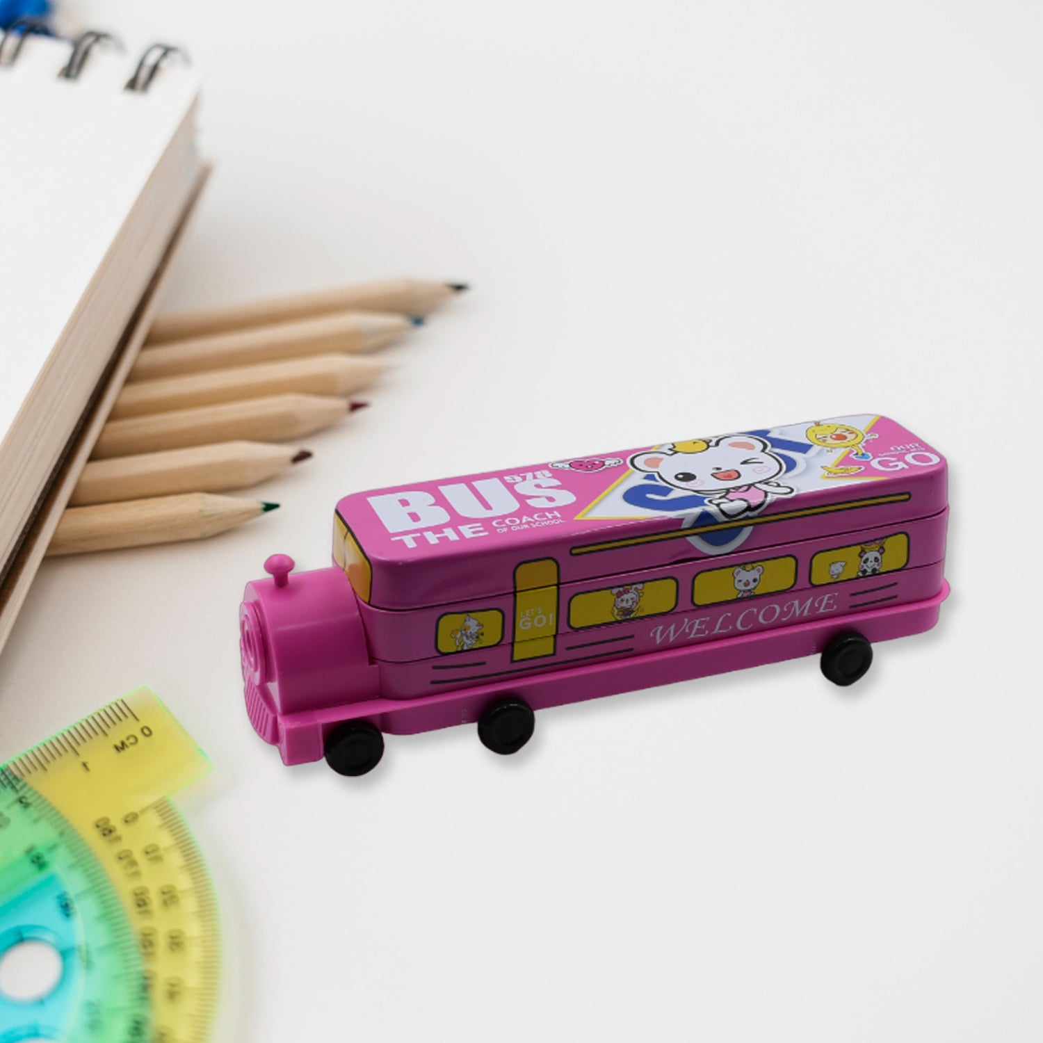 Wukusy Double Decker Magic Bus metal pencil case with movable wheels, sharpener, two layers, bus shape for kids' stationery storage