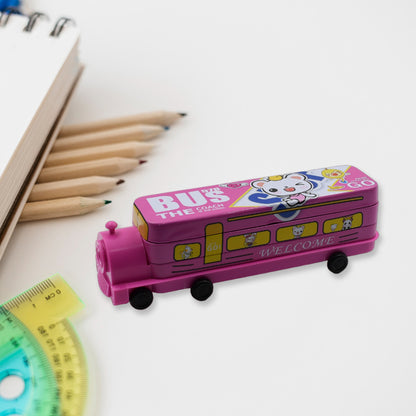 Wukusy Double Decker Magic Bus metal pencil case with movable wheels, sharpener, two layers, bus shape for kids' stationery storage