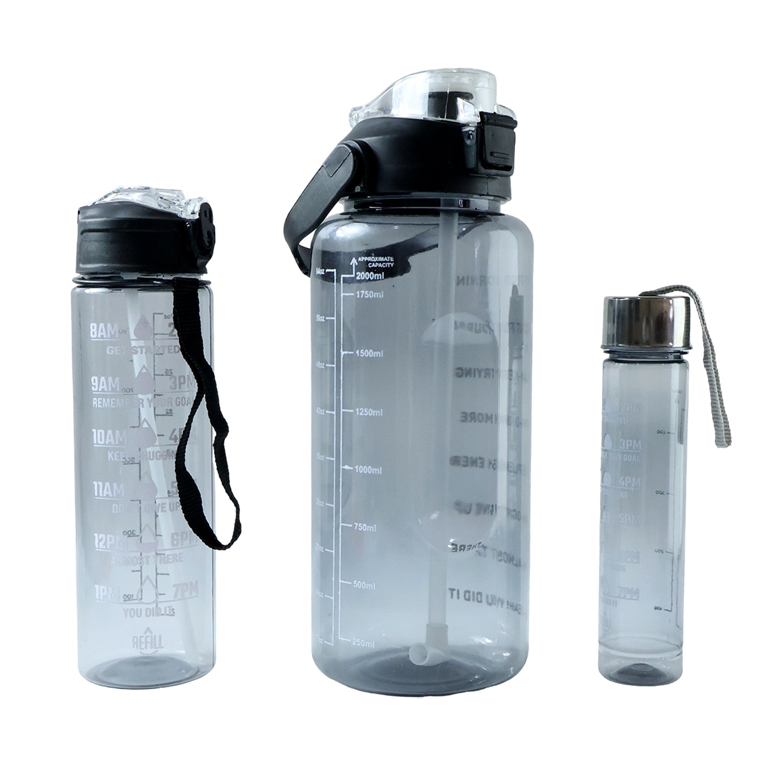 Wukusy 3-in-1 multipurpose water bottle set with 2000ml, 900ml, and 500ml bottles, featuring durable plastic designs