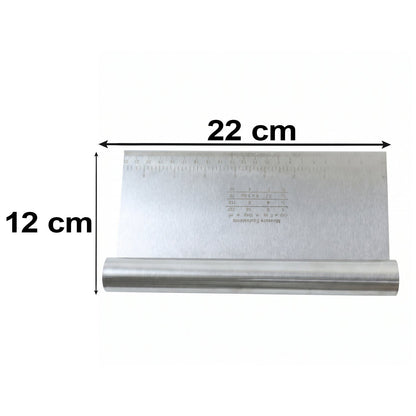 Wukusy stainless steel dough scraper cutter with scale, 22 x 12 cm, showing the sturdy handle and measurement markings.