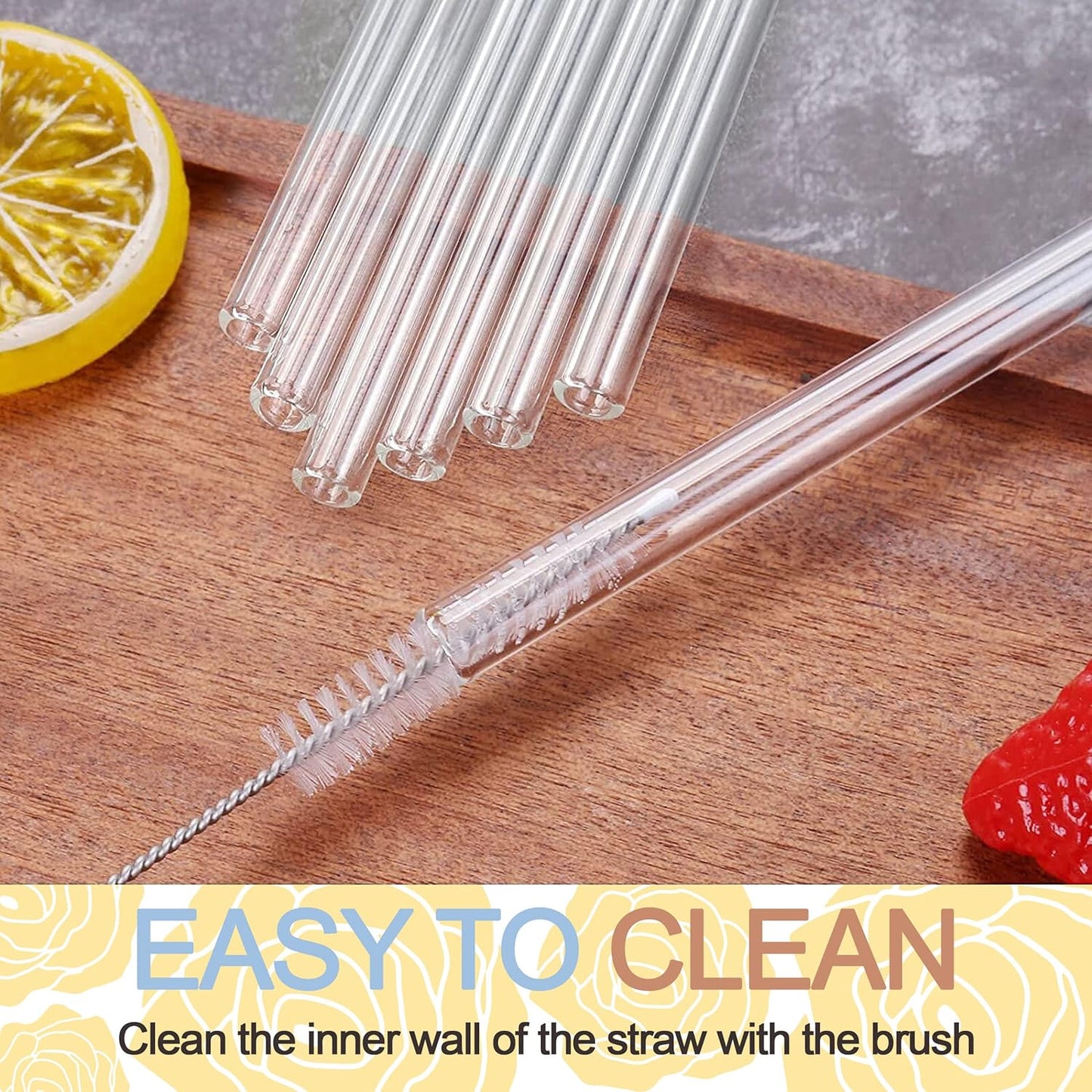 Set of 5 clear reusable plastic glass straws from Wukusy, showcasing sleek, transparent drinking straws on a white background.