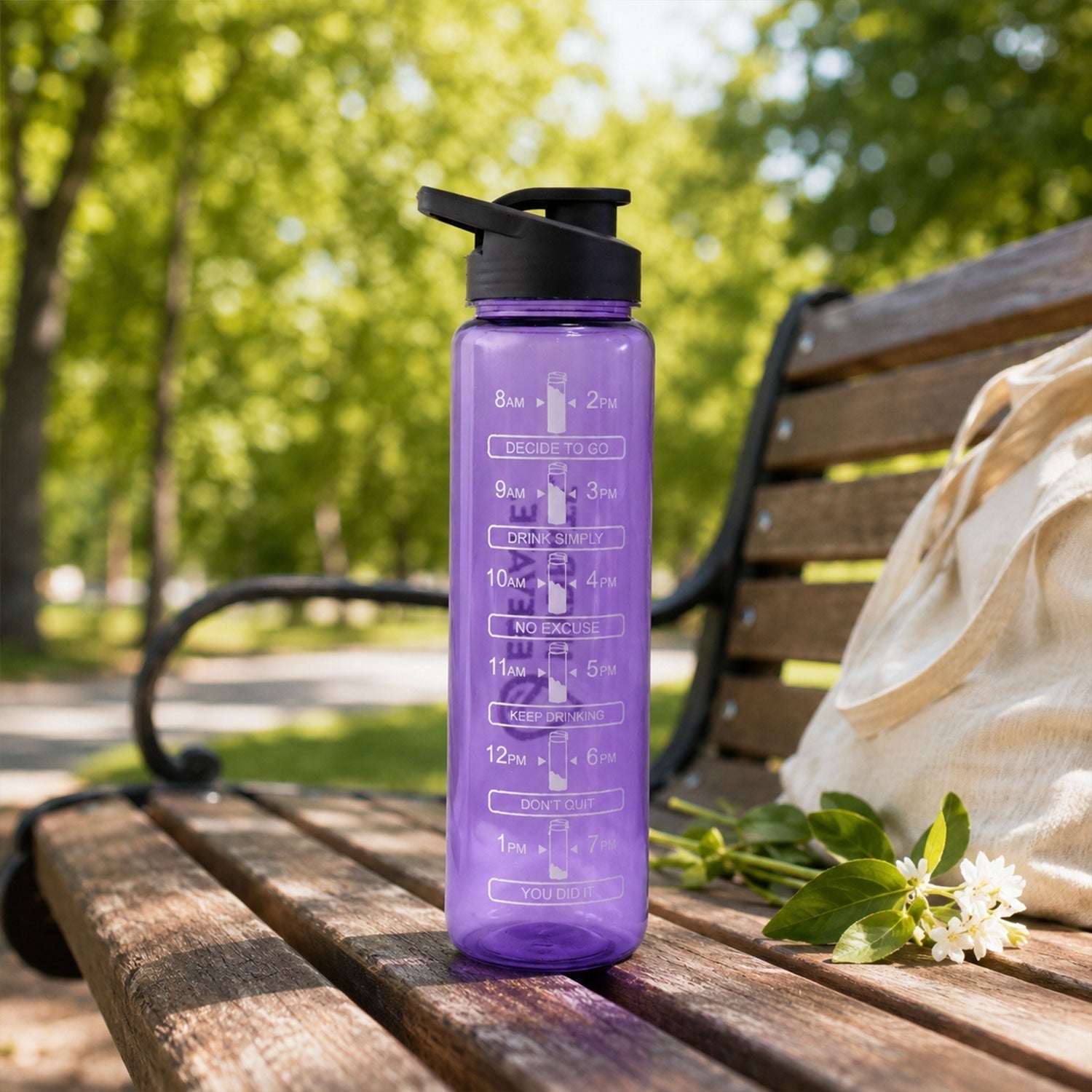 Wukusy 1000ml plastic motivational water bottle with time marker and flip lid, featuring a clear design and measurement markings.