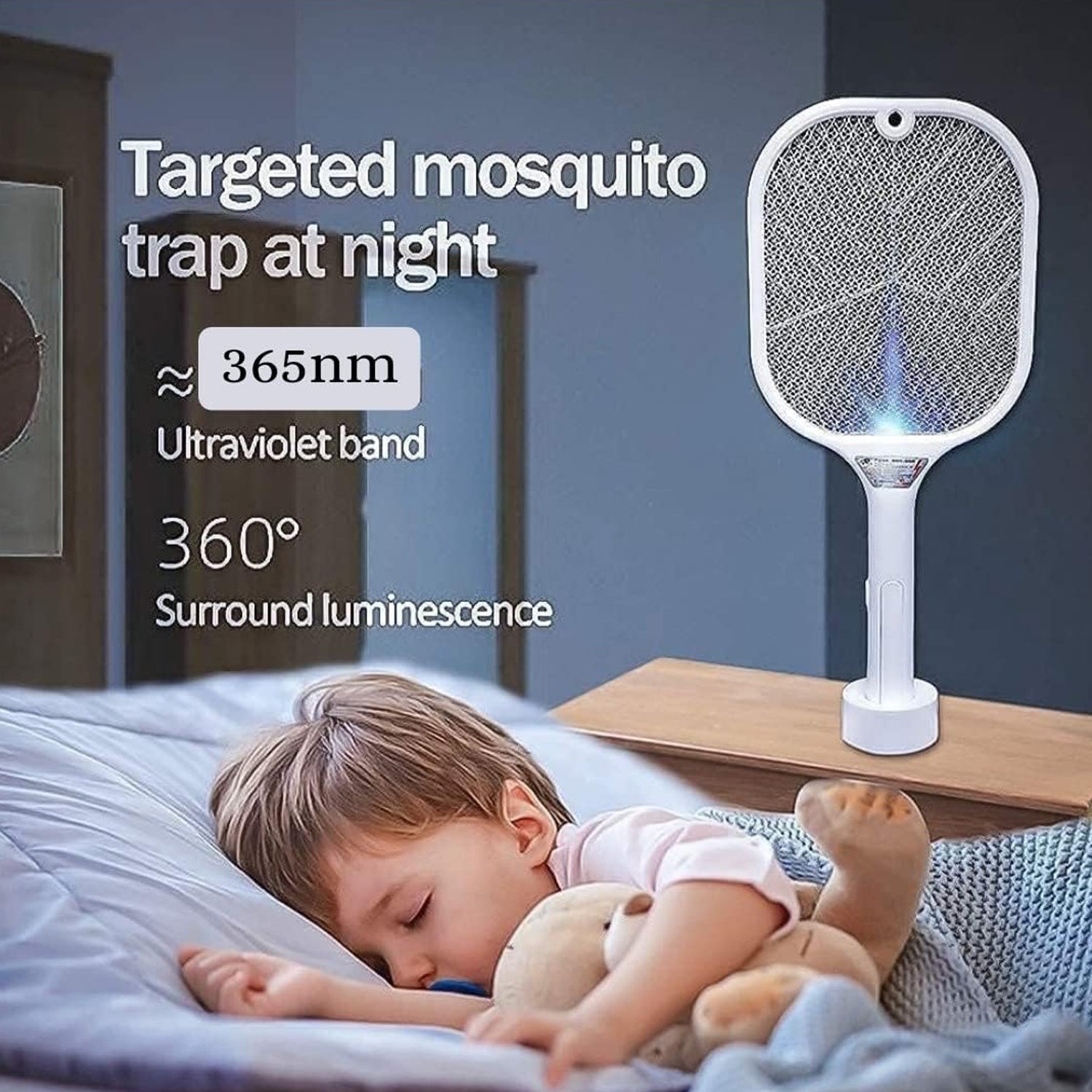 Wukusy 1747 mosquito killer racket with UV light, rechargeable electric fly swatter with USB charging base for home insect control