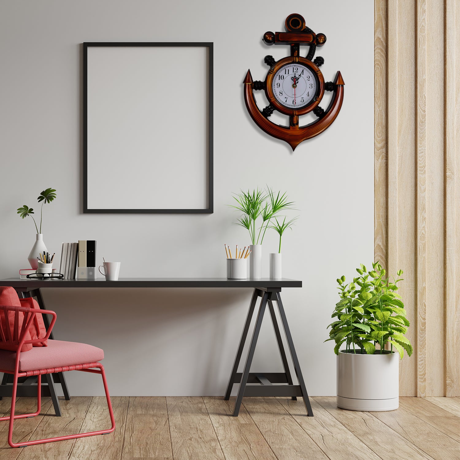 Wukusy 4931 Anchor Wall Clock for home decor, round black clock with white hands and minimalist design on a wall.