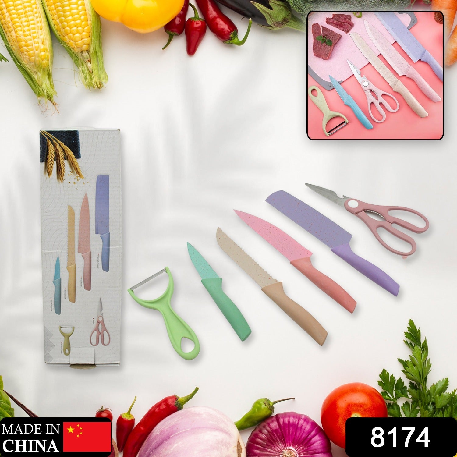 Wukusy 6-piece corrugated forged kitchen knife set with storage box, including chef, bread, and utility knives for home kitchen use.