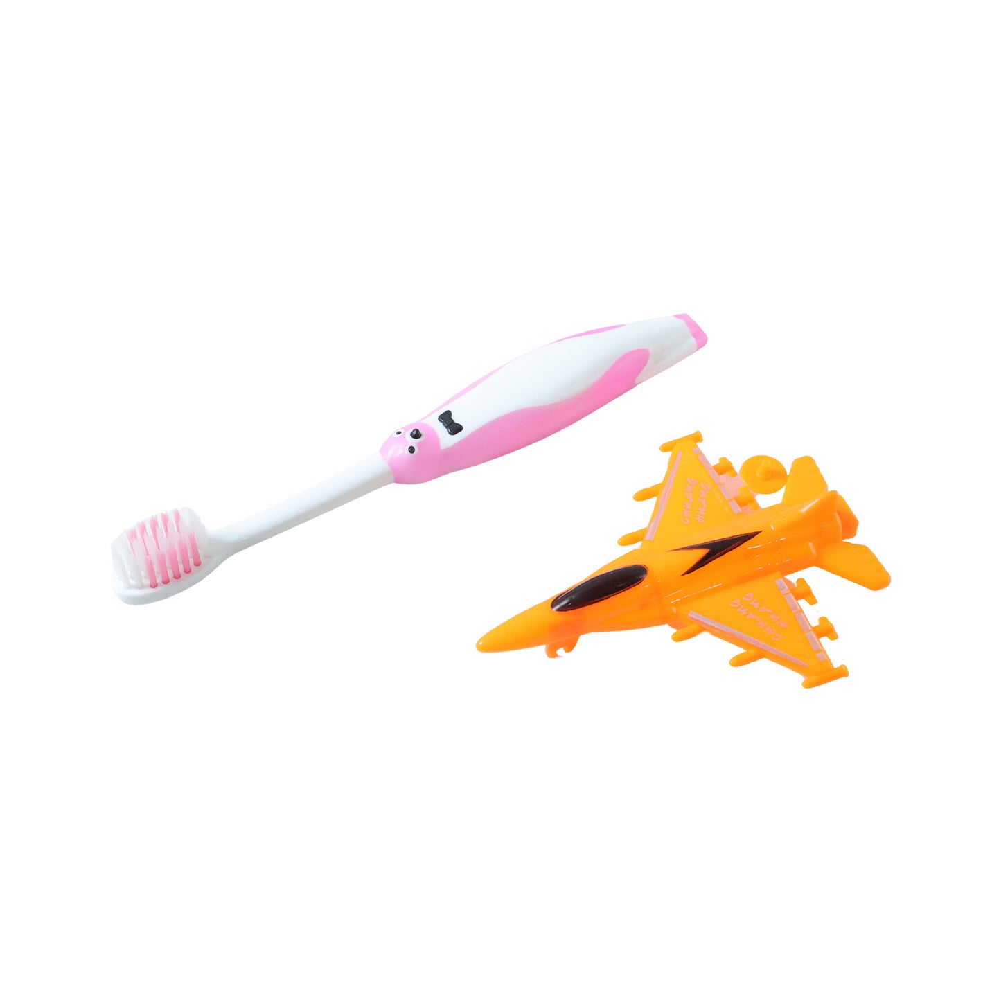 Two Wukusy kids' cartoon toothbrushes with airplane toy handles, colorful and fun for children, in a 2-piece set.