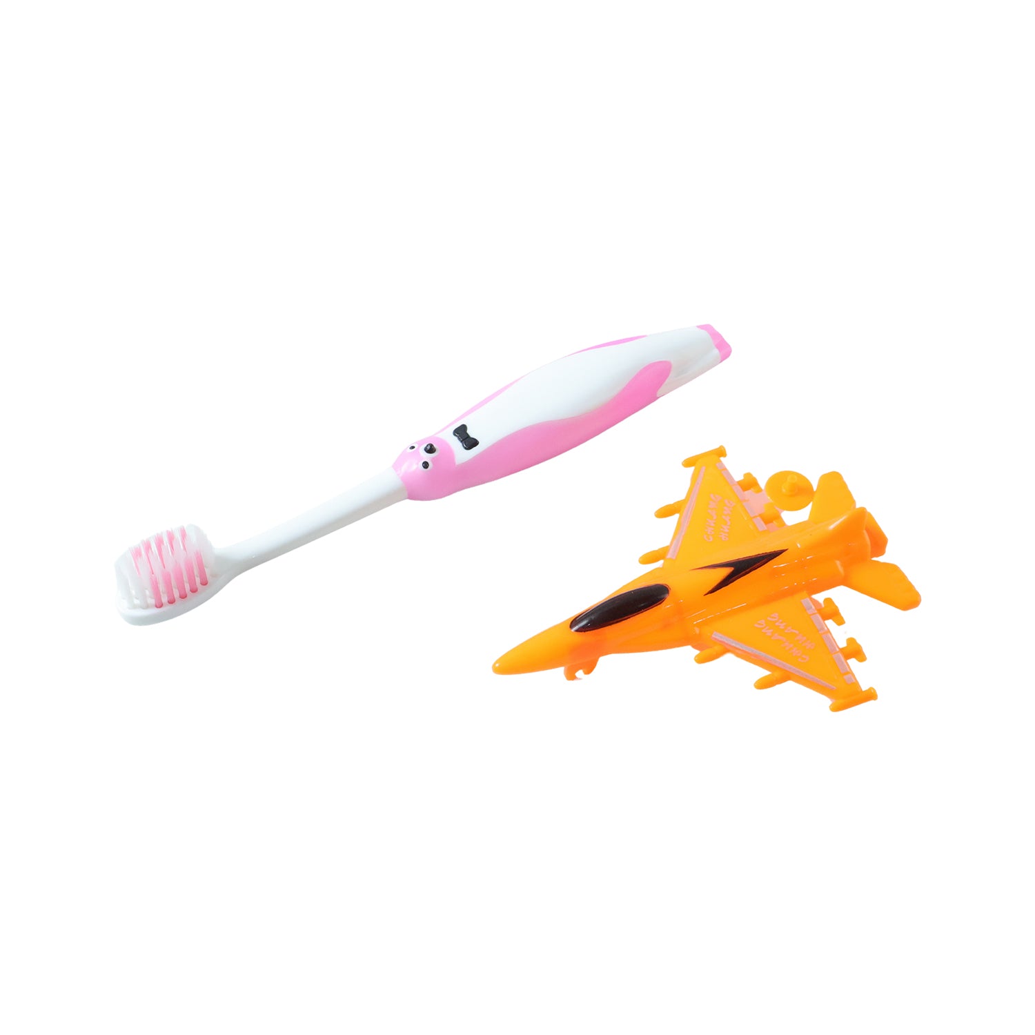 Two Wukusy kids' cartoon toothbrushes with airplane toy handles, colorful and fun for children, in a 2-piece set.