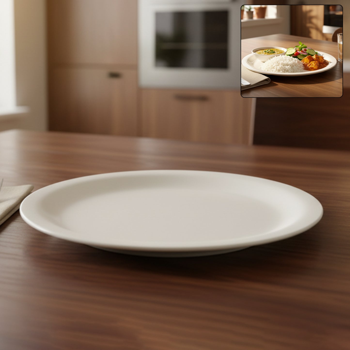 White Wukusy premium round dinner plate, 28cm diameter, glossy ceramic, perfect for home dining, shown on a wooden table.