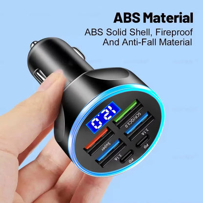 Wukusy multi-port fast car charger with four USB ports connected to a 12V vehicle power outlet, compact automotive smart adapter.
