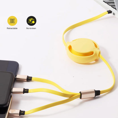 Wukusy 3-in-1 retractable mobile charging cable in mixed colors, versatile USB, Type-C, and Lightning connectors for smartphones.