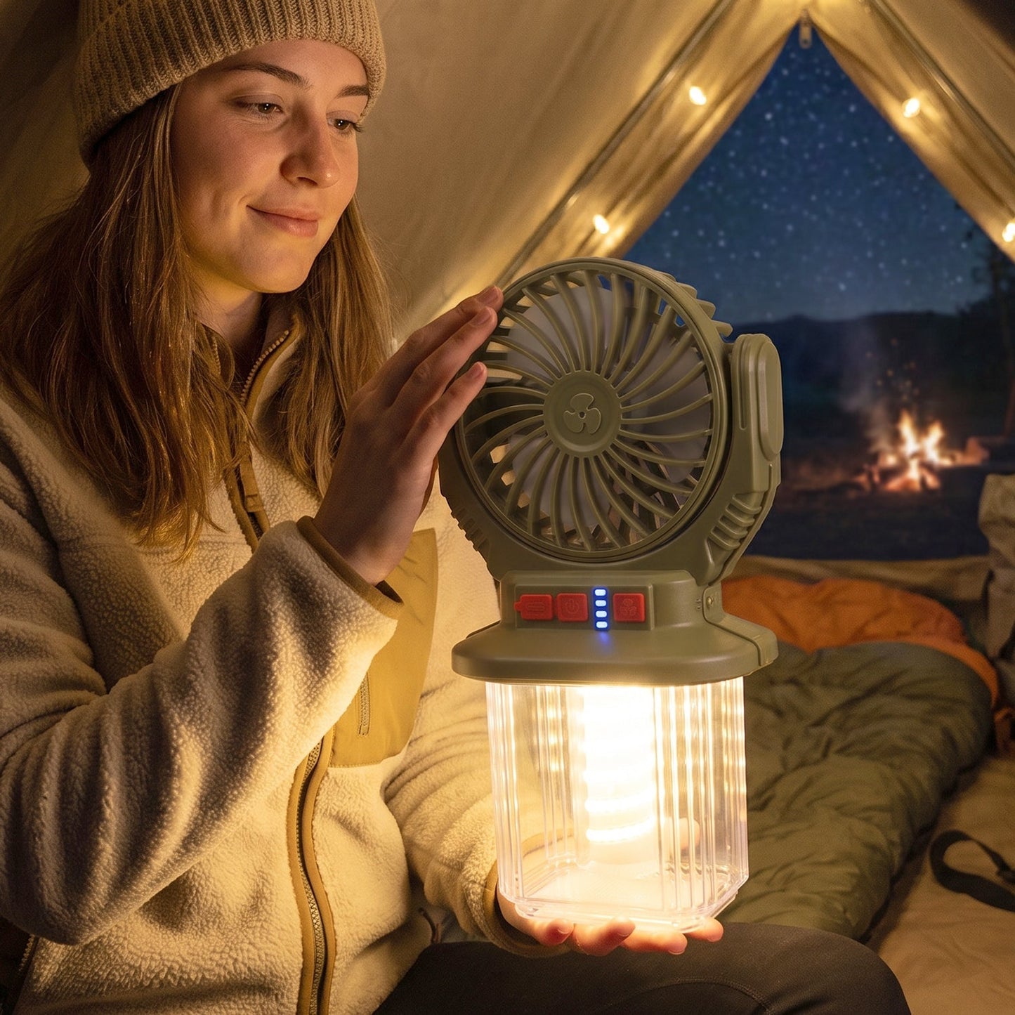 Wukusy 2-in-1 solar rechargeable camping fan with LED lantern, portable outdoor fan with adjustable blades and built-in light.
