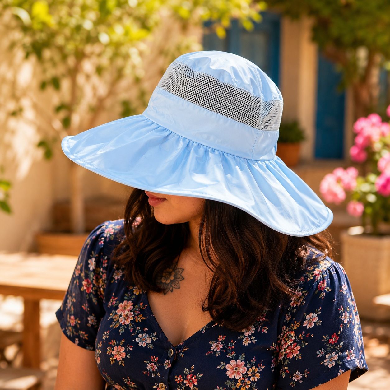 Wukusy women’s wide brim sun protection hat with open top and mesh design in random color, providing shade and ventilation