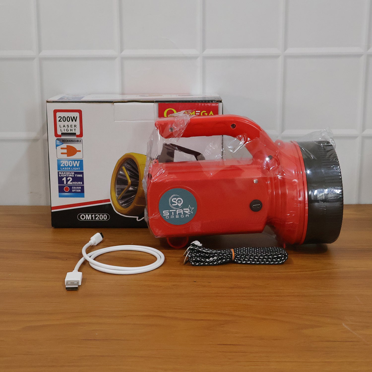 Wukusy Omega 200w high power LED laser torch light with side emergency light panel, shown with illuminated front and side features.