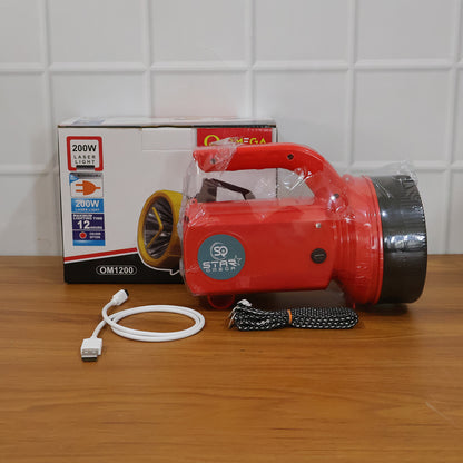 Wukusy Omega 200w high power LED laser torch light with side emergency light panel, shown with illuminated front and side features.