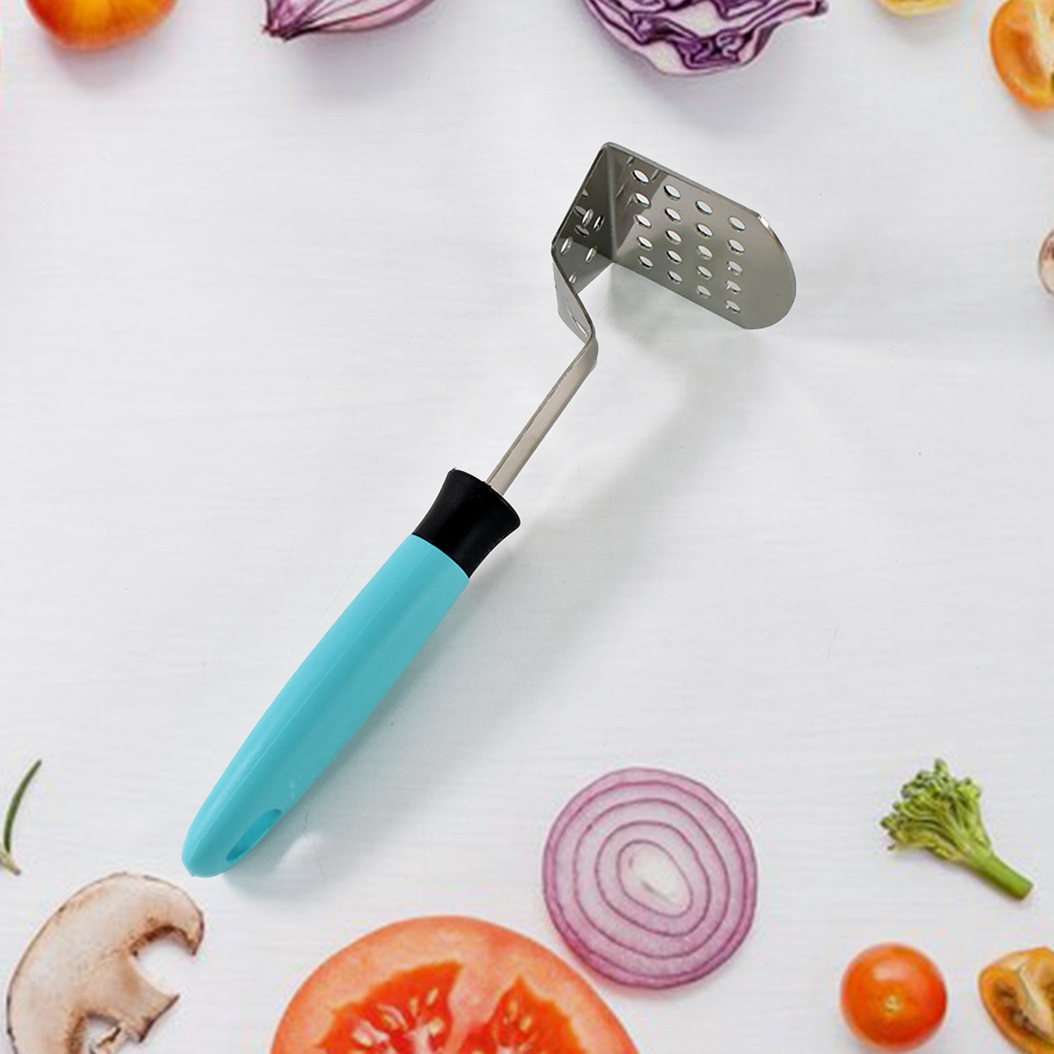 Wukusy Apex L-handle stainless steel potato masher with ergonomic grip for easy mashing in kitchen.