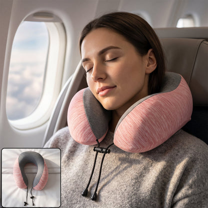 Pink and grey U-shaped travel neck pillow with drawstring toggle by Wukusy, designed for comfortable neck support during travel.