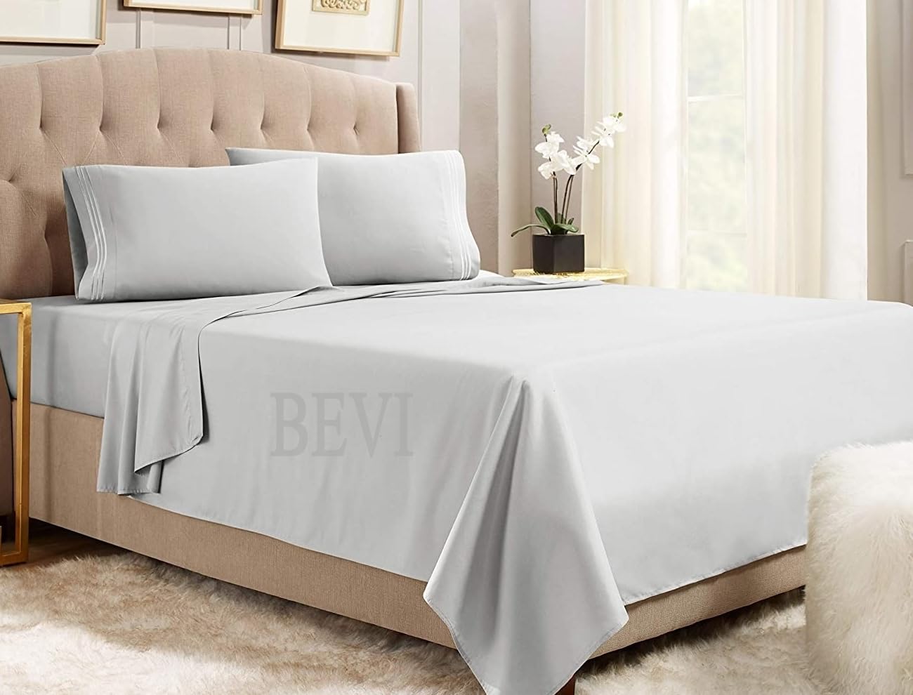 Silver grey Seasons double bed bedsheet with two pillow covers from FIZZI SHOP, showcasing smooth fabric and elegant design.