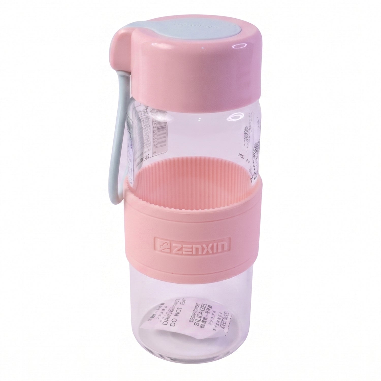 Wukusy portable glass water bottle with 230ml capacity, silicone sleeve and carry strap, shown from side view.