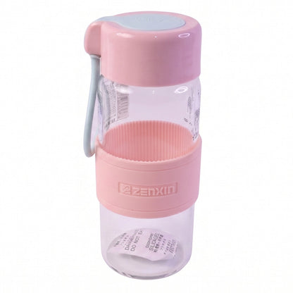 Wukusy portable glass water bottle with 230ml capacity, silicone sleeve and carry strap, shown from side view.