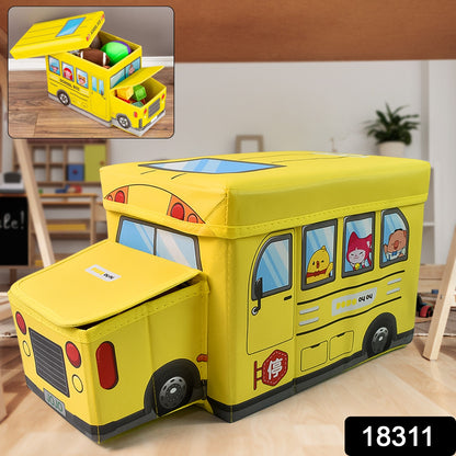 Wukusy school bus-shaped portable foldable toy box with lid, colorful plastic storage container for kids' toys and organization.