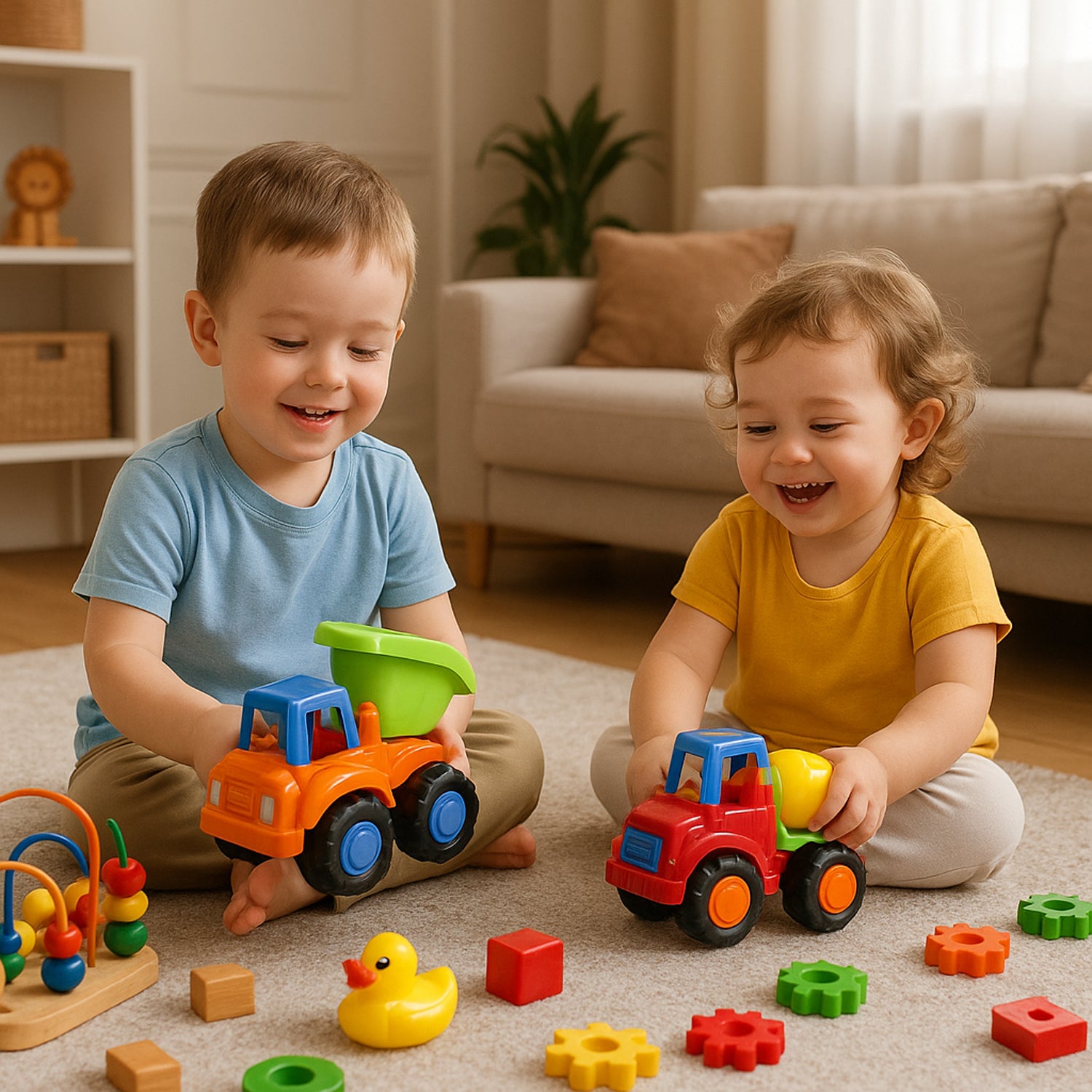 Wukusy Funwoods Itsy Bitsy Construction Vehicle Toy Set for kids with 8 colorful toy vehicles and construction accessories.