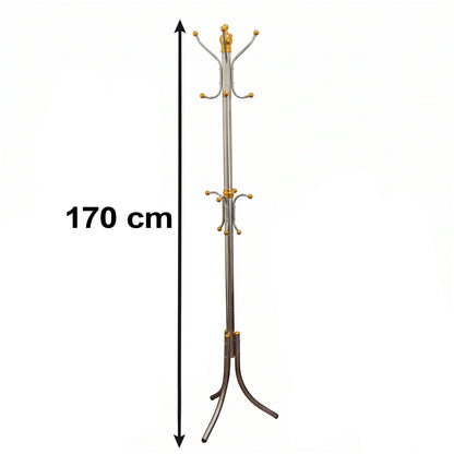 Wukusy metal floor-standing coat rack with multiple hooks for hanging coats, hats, and accessories in a modern home or office.