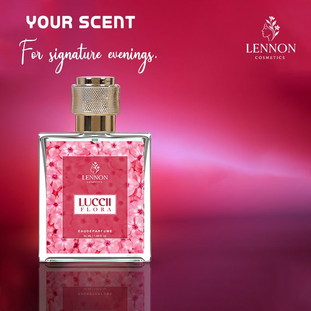 Lucci Blossom women's perfume by Drpshippr, featuring a sleek glass bottle with floral accents and a delicate fragrance.