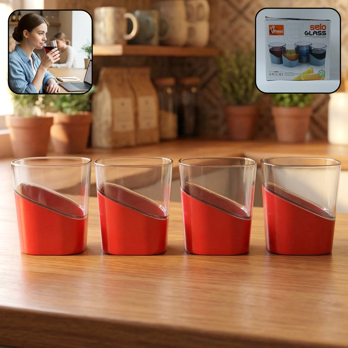 Set of four Wukusy Prexo Stylish Grip Base Plastic Selo Glass containers, 300 ml each, with secure grip bases and clear design.