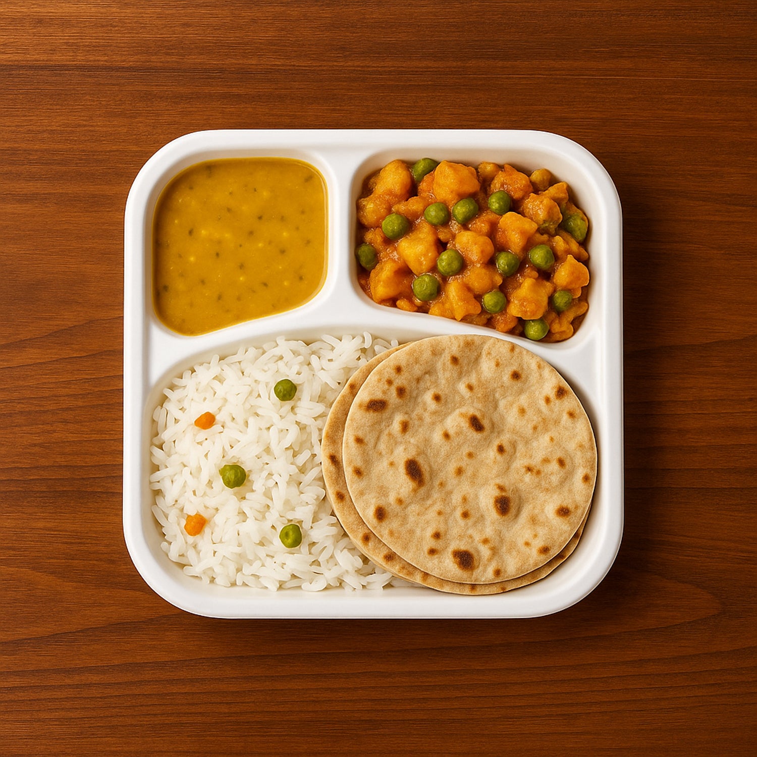 Wukusy compostable bagasse 3-compartment square meal plate for home and kitchen use, showing divided sections for food presentation.
