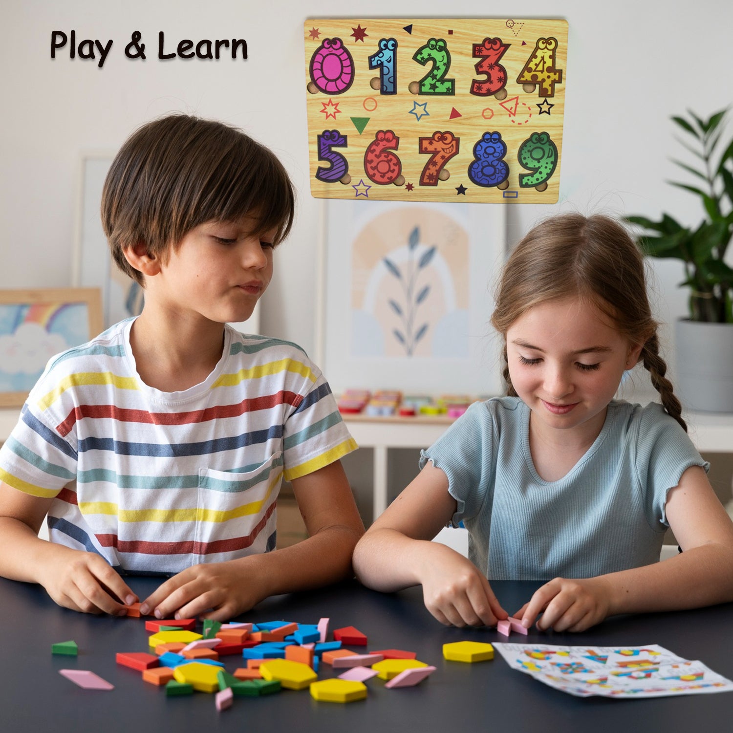 Wukusy wooden number puzzle educational toy set with colorful numbers for learning and counting on a wooden board.