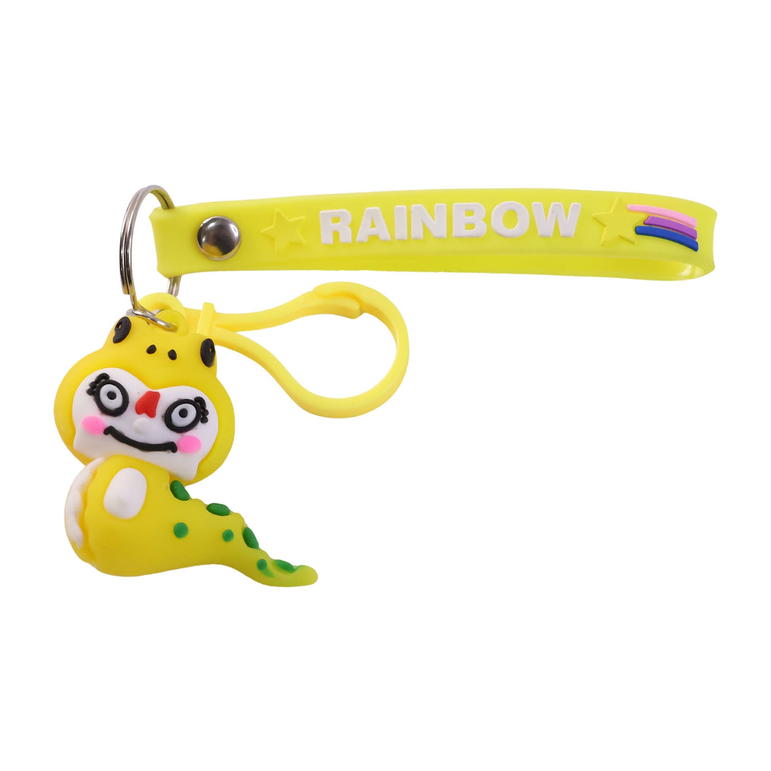 Cute cartoon dinosaur keychain by Wukusy featuring a colorful, playful dinosaur design on a metal keyring.