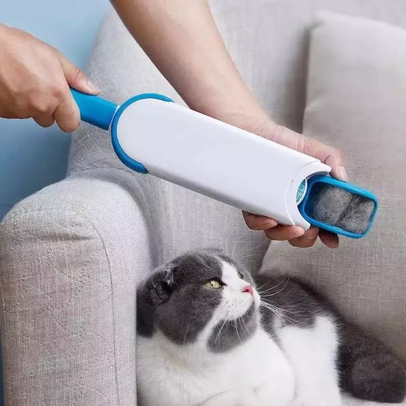 Wukusy pet hair remover with double-sided, self-cleaning design for removing pet fur from furniture and clothing.