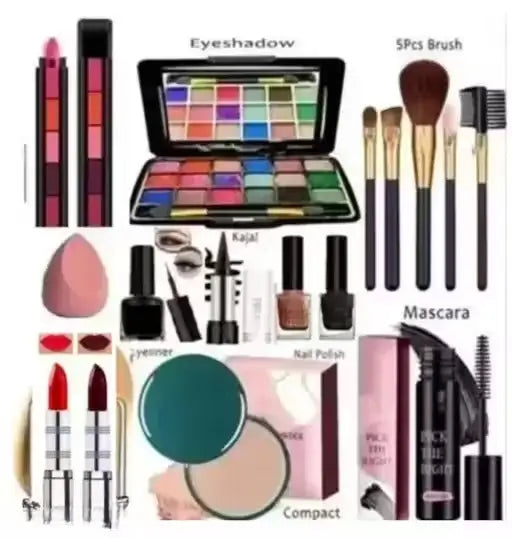 Ekom All Beauty Makeup Kit with diverse eyeshadows, blushes, and brushes arranged in a sleek compact for versatile makeup looks.