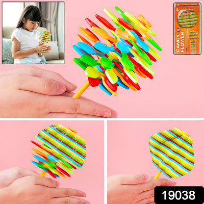 Colorful Spin Flower Candy rotating toy by Wukusy, featuring vibrant spinning flower design for children’s entertainment.