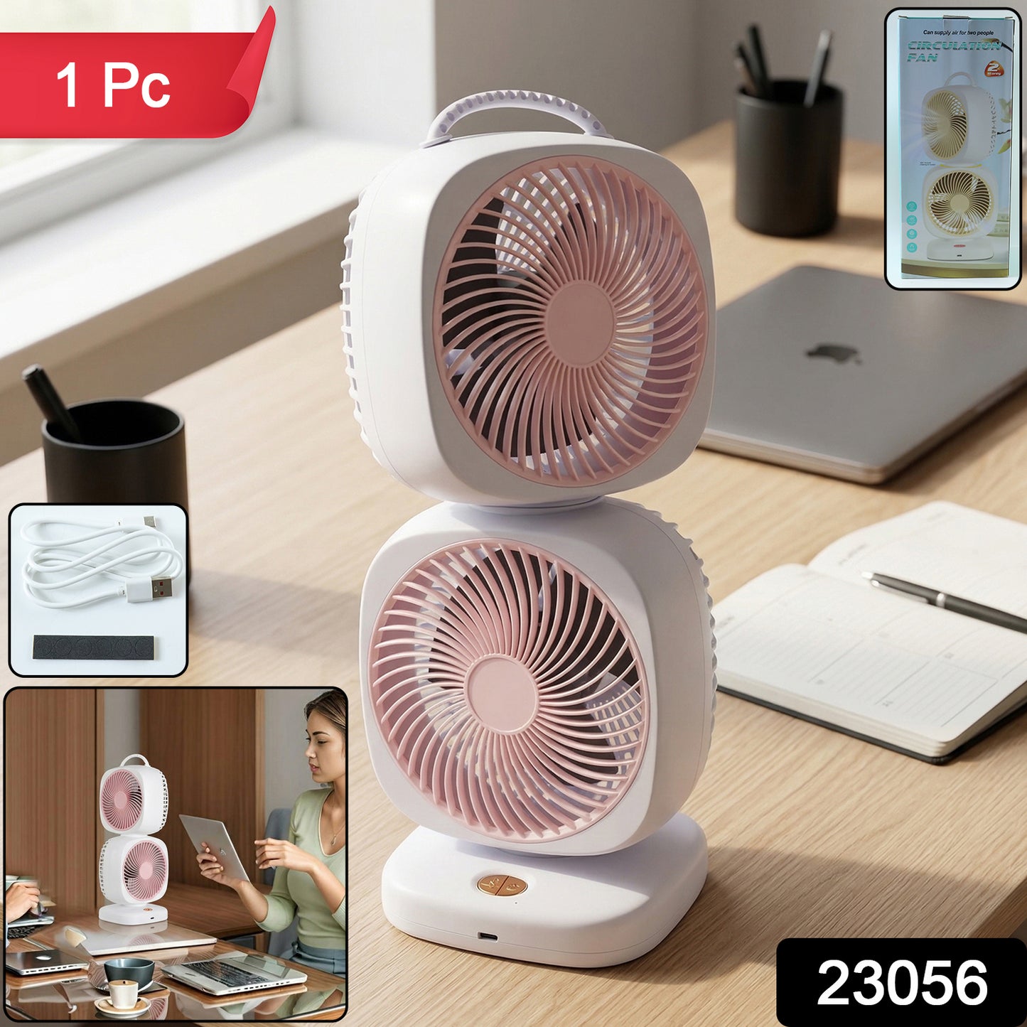 Wukusy portable dual head USB rechargeable table fan showing two adjustable fan heads and compact design.