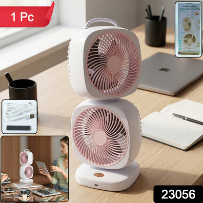 Wukusy portable dual head USB rechargeable table fan showing two adjustable fan heads and compact design.