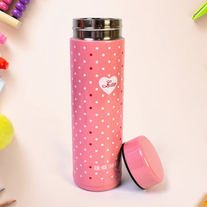 Insulated stainless steel water bottle for kids by Wukusy, 300ml, featuring a colorful design and secure screw cap.