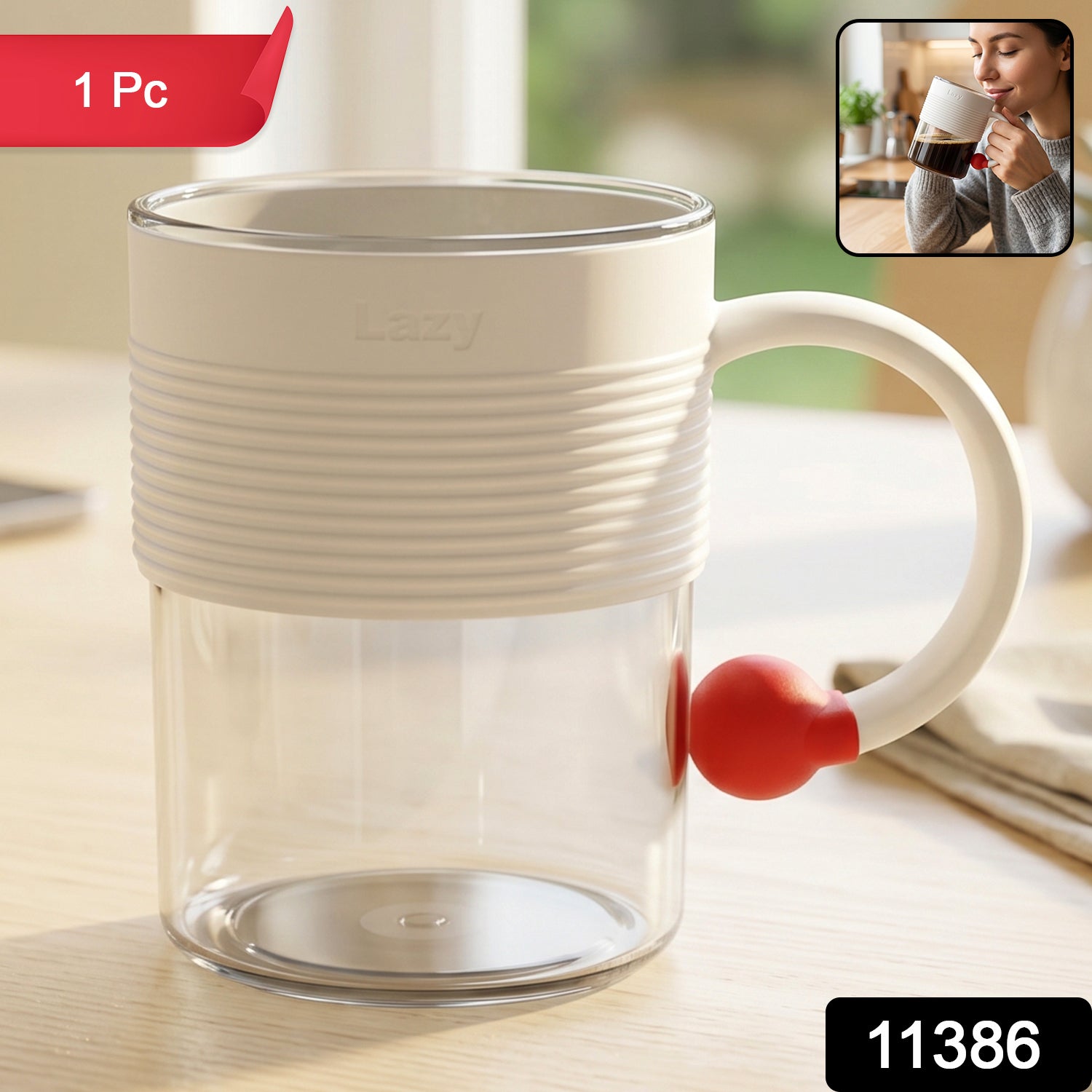 Clear plastic tea and coffee mug with ring handle by Wukusy, ideal for home or office use, showing the transparent design.