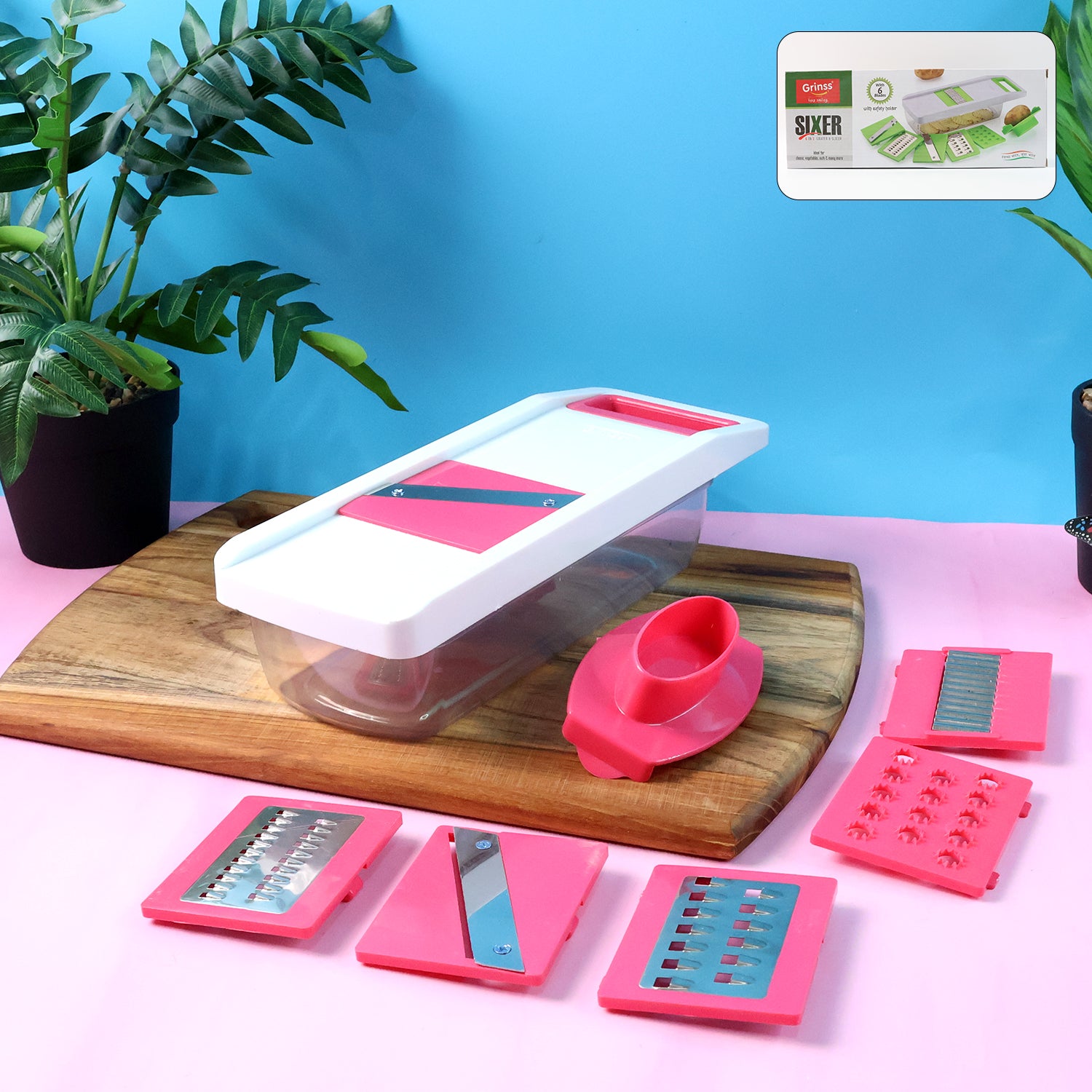 Wukusy 6-in-1 vegetable slicer, grater, and chopper set with multiple blades for versatile kitchen prep.